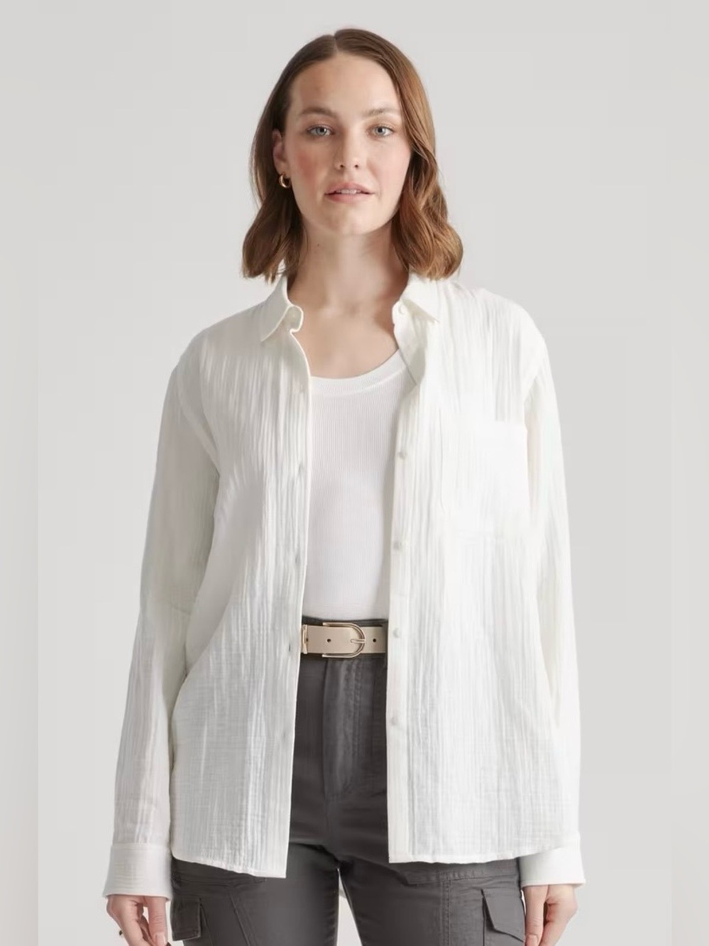 White Button-Up Textured Cotton Shirt